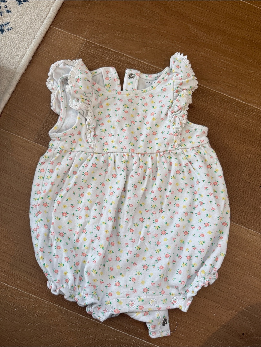 Janie and Jack White Floral Bubble Romper with Pink & Green Accents